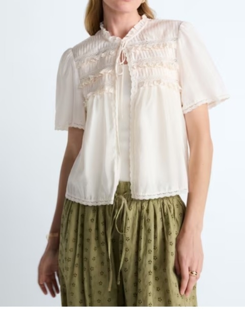 Light Cream Pintuck Lace-Trim Short Sleeve Blouse